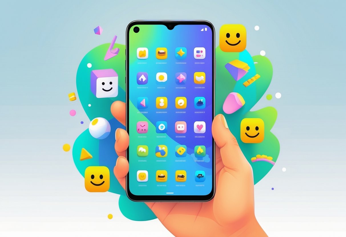 Uma mão segurando um smartphone Android com ícones coloridos de jogos leves e viciantes offline, cercado por elementos de jogos como peças de quebra-cabeça, uma bola saltitante e um carrinho de corrida pequeno.