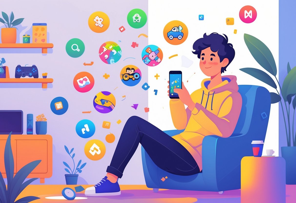 Pessoa sentada em uma sala confortável jogando em um smartphone Android, com ícones de jogos leves ao redor.