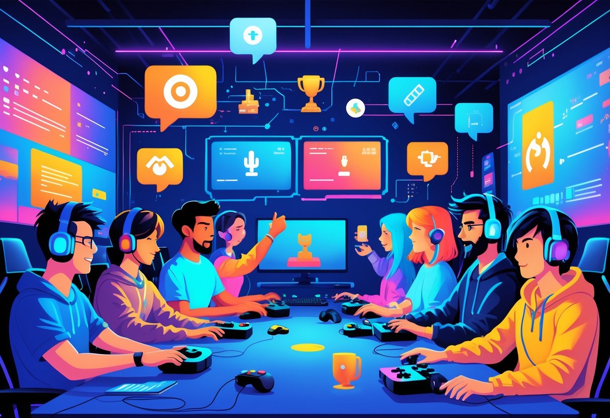 Um grupo diverso de jogadores em uma sala de jogos moderna, cercados por ícones representando termos e gírias do universo gamer.