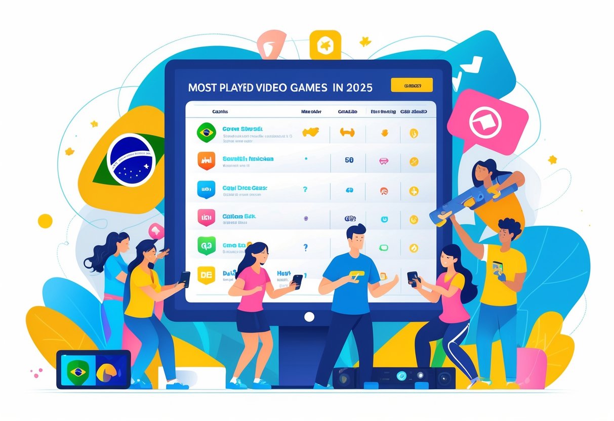 Ilustração mostrando jogadores brasileiros usando diferentes dispositivos ao redor de uma lista digital com ícones de jogos populares em 2025.