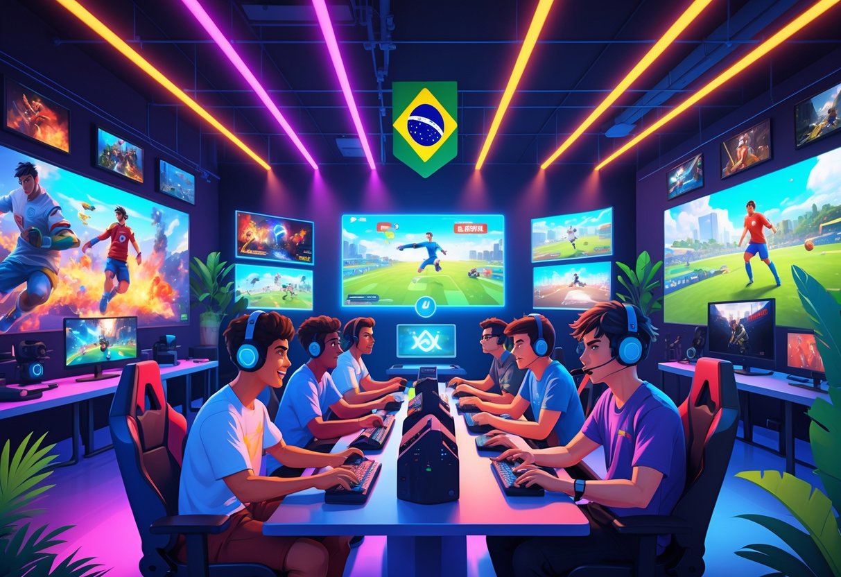 Grupo de jovens brasileiros jogando videogames em uma sala moderna com telas grandes e luzes coloridas, mostrando cenas de jogos populares em 2025.