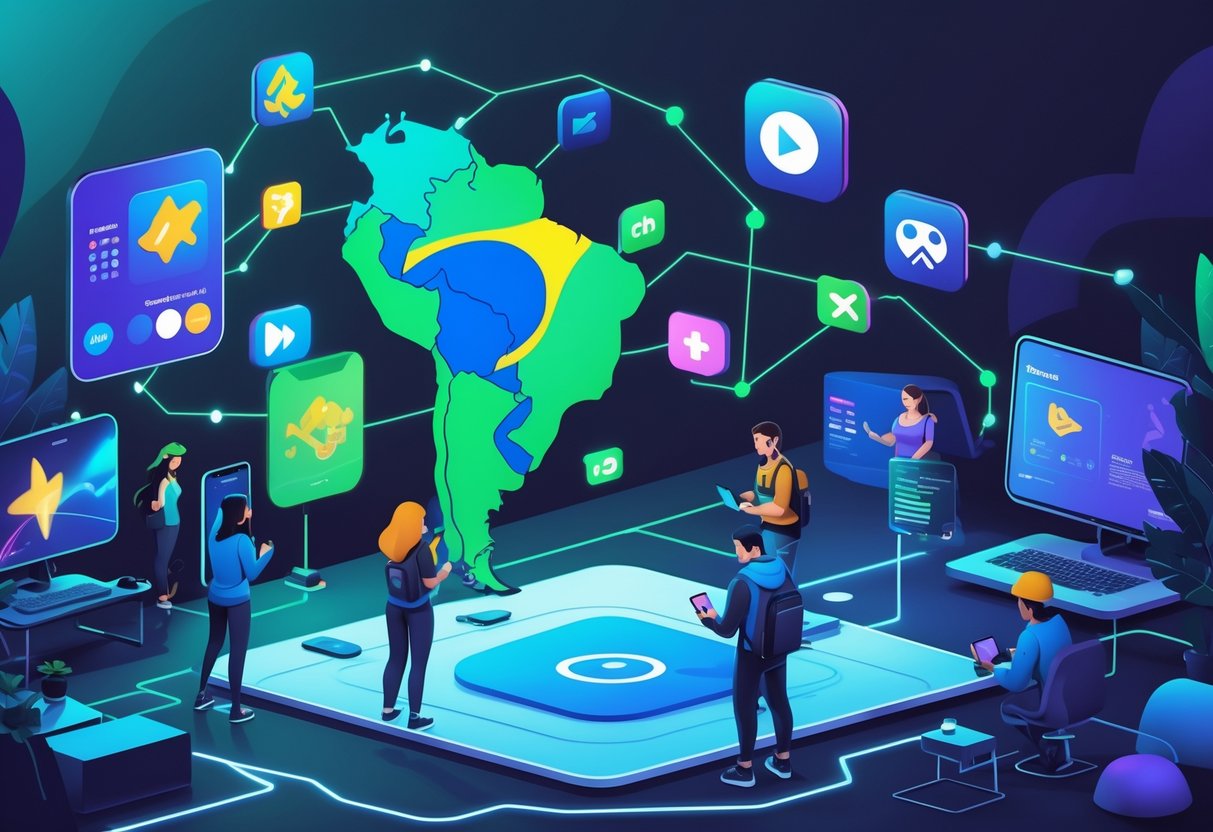 Pessoas jogando em diferentes dispositivos eletrônicos com um mapa do Brasil ao fundo conectado por linhas que representam a influência das plataformas nos jogos mais populares em 2025.