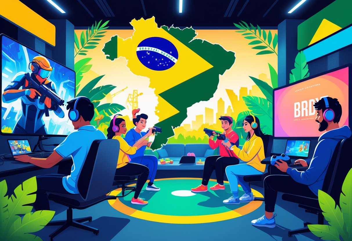 Grupo diversificado de jogadores brasileiros envolvidos em diferentes tipos de jogos em um ambiente moderno de jogos, com elementos culturais brasileiros ao fundo.