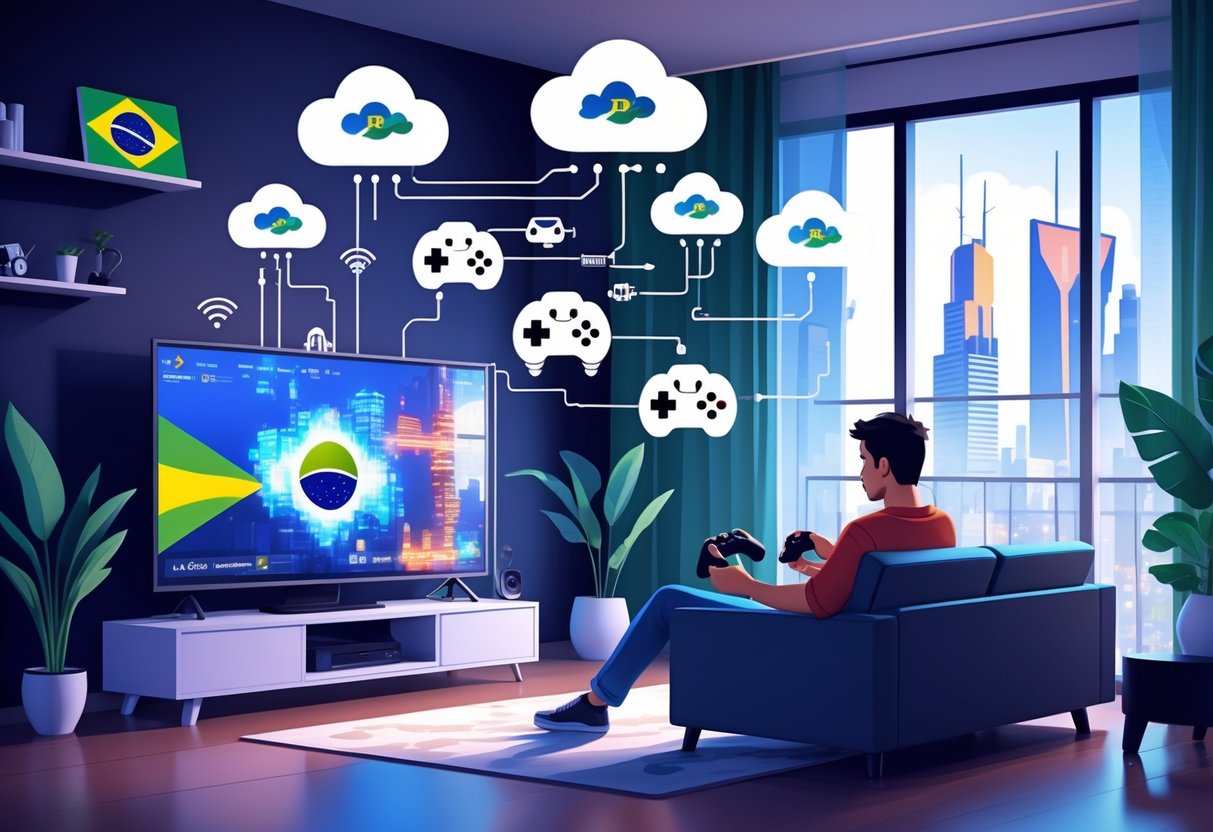 Pessoa jogando videogame em uma sala com ícones de nuvem e tecnologia ao redor, representando o conceito de jogar em nuvem no Brasil.
