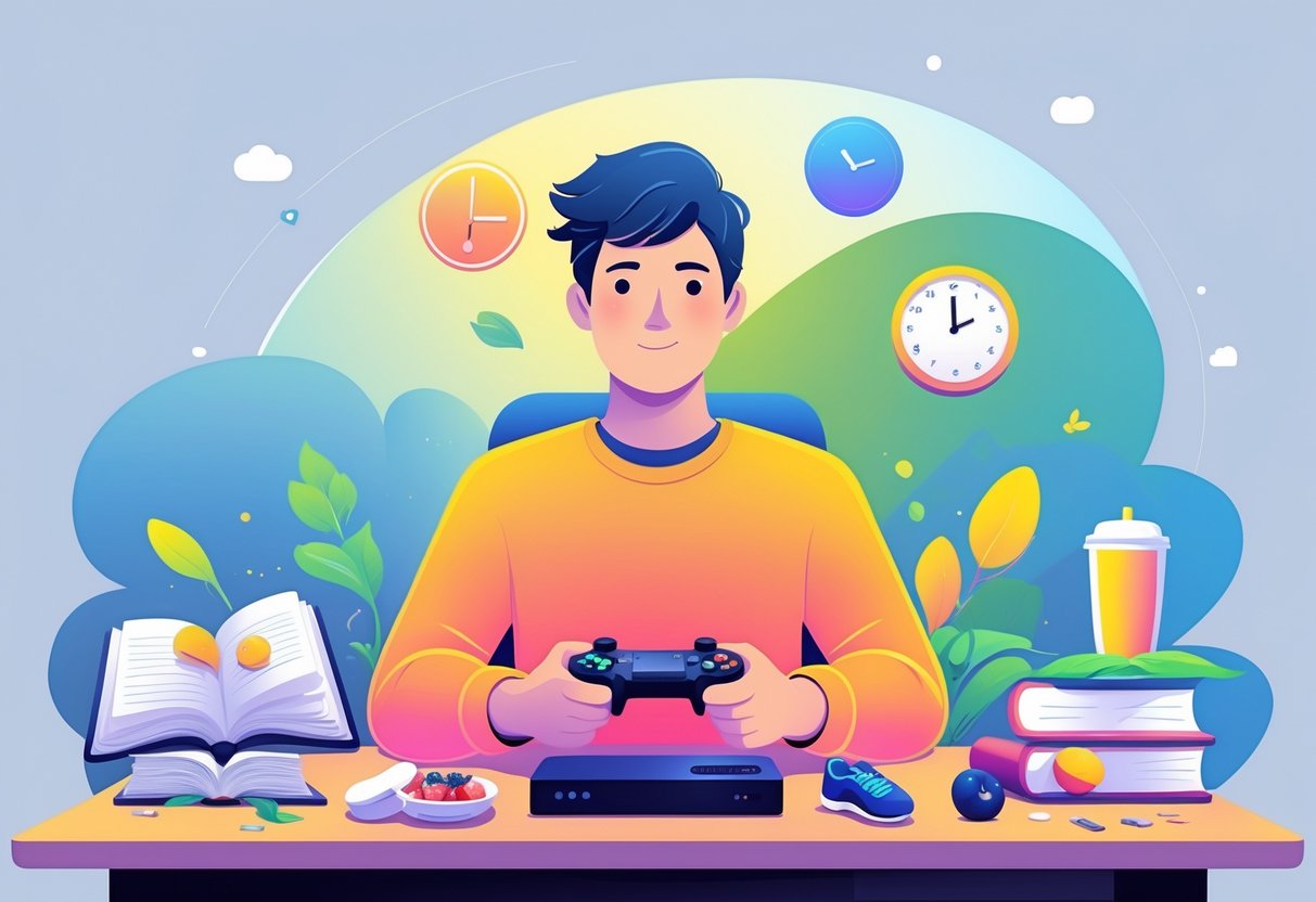 Pessoa jovem sentada com controle de videogame, rodeada por livro, relógio, comida saudável e tênis, mostrando equilíbrio entre jogos e hábitos saudáveis.