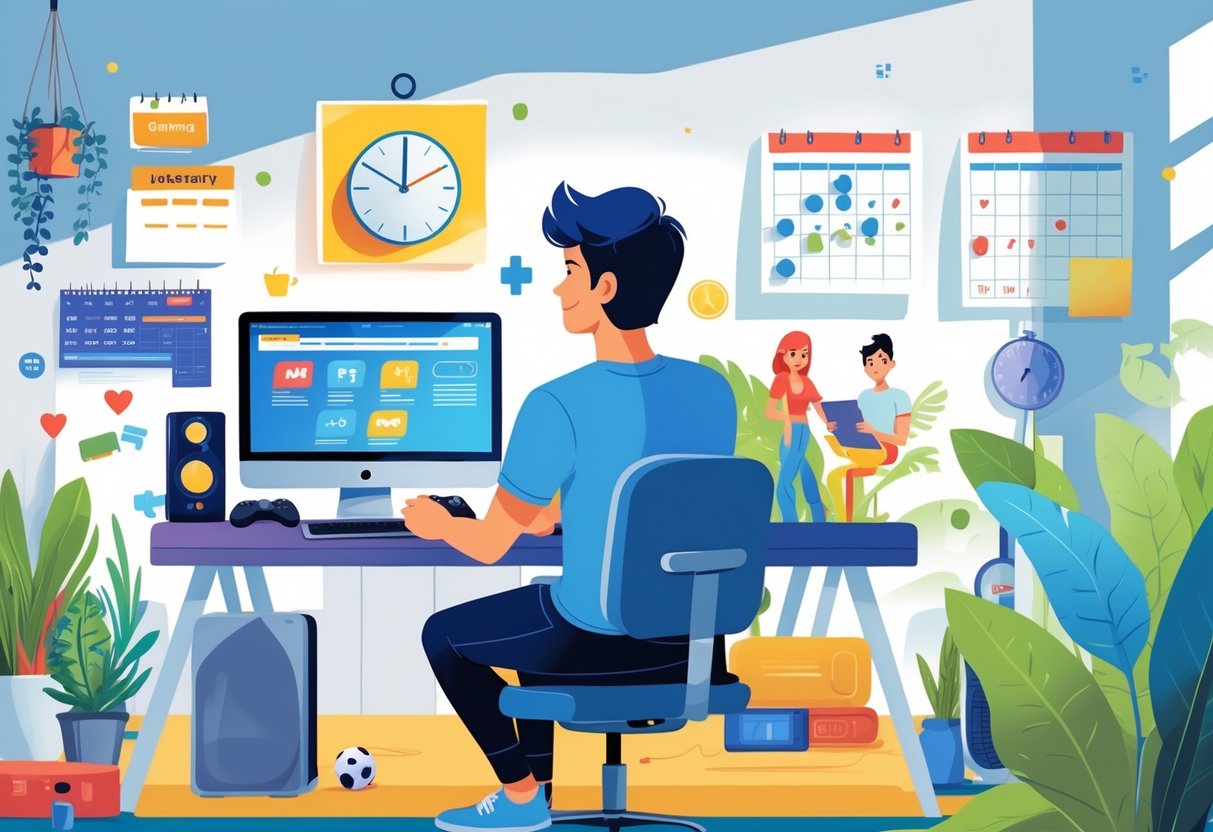 Pessoa equilibrando tempo entre jogos, leitura, exercícios e convívio social em um ambiente organizado.