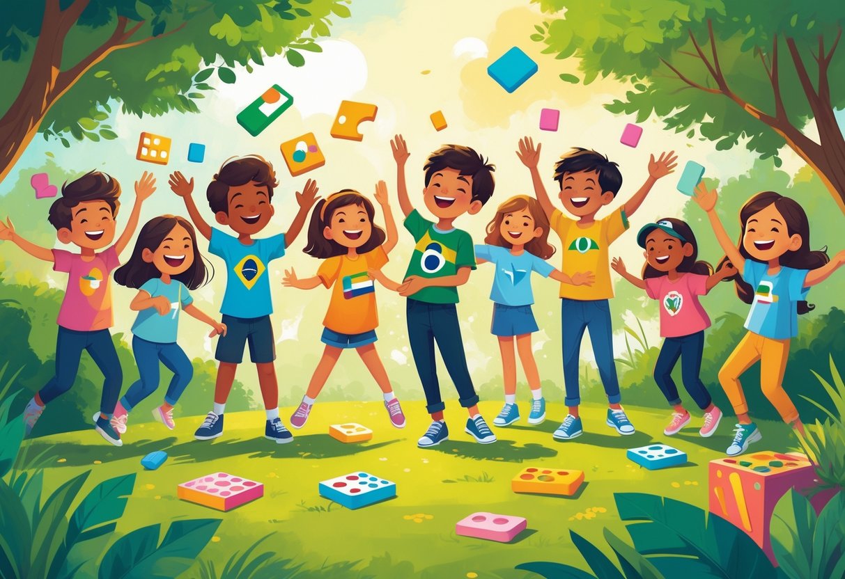 Crianças e adolescentes brasileiros brincando juntos ao ar livre, cercados por elementos que representam jogos clássicos da infância.