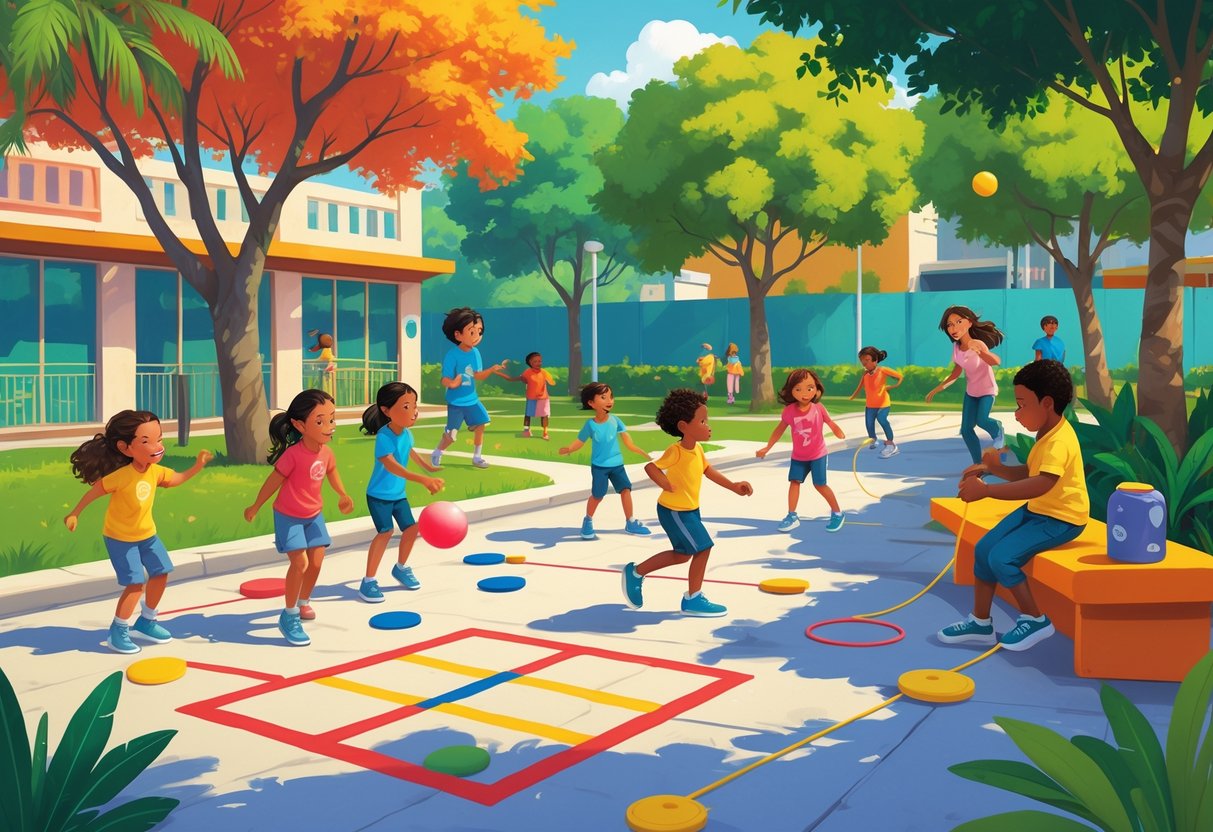 Crianças brasileiras brincando juntas em um parque urbano, jogando dez jogos tradicionais da infância como amarelinha, queimada, pique-esconde, peteca, bola de gude, pular corda, jogo de botão, pião e elástico.