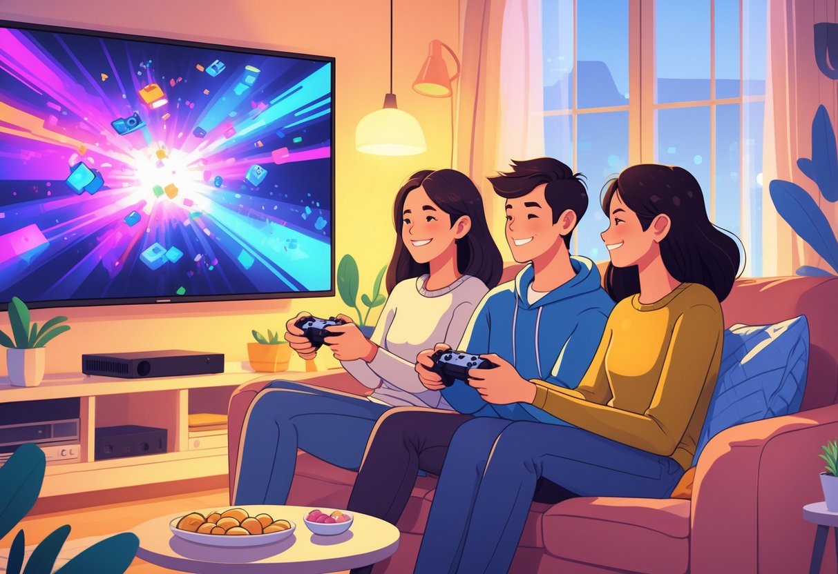 Um casal sentado junto em um sofá, jogando videogame cooperativo e sorrindo em um ambiente aconchegante.