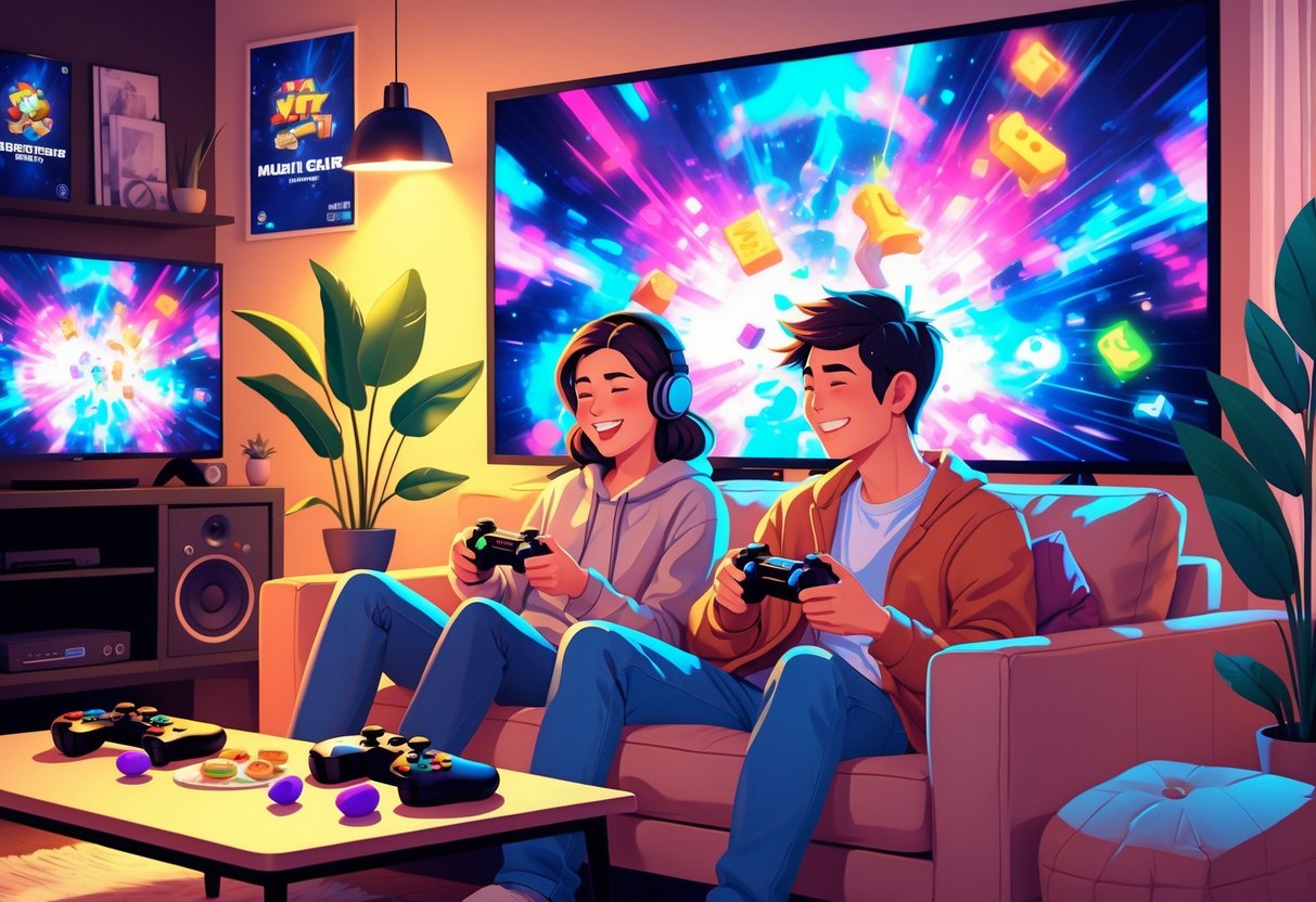 Um casal jovem jogando videogame multiplayer juntos em uma sala de estar aconchegante, sorrindo e concentrados na tela da TV.