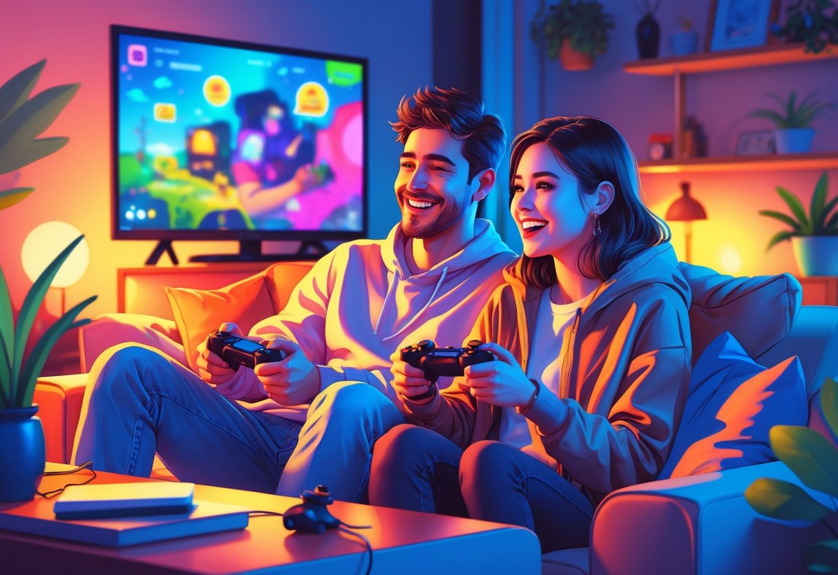 Um casal jovem jogando videogame juntos em um sofá aconchegante, sorrindo e se divertindo em uma sala de estar acolhedora.