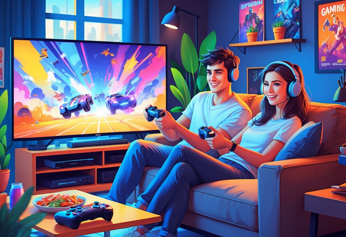 Um casal jovem jogando videogame competitivo juntos em uma sala aconchegante, cada um segurando um controle, com expressões divertidas e concentradas.