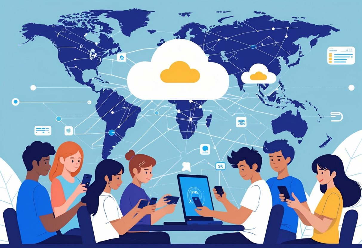 Grupo de pessoas jogando em dispositivos conectados a uma nuvem digital com o mapa do Brasil ao fundo e elementos tecnológicos ao redor.