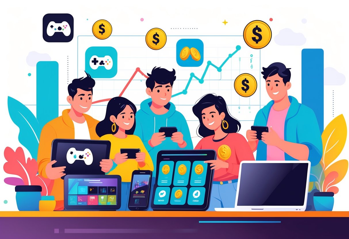 Pessoas jogando em dispositivos digitais com ícones de dinheiro e jogos ao redor, simbolizando ganhar dinheiro jogando.