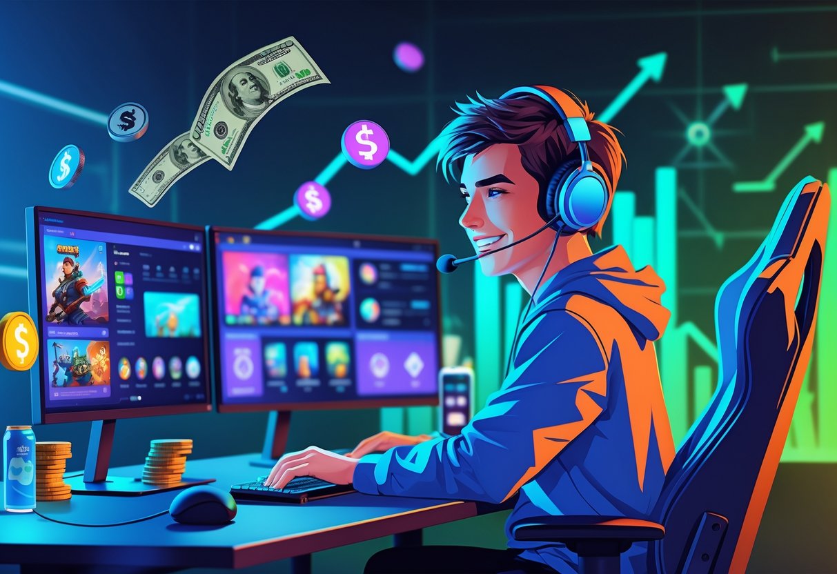 Pessoa jogando em um computador com vários monitores, rodeada por símbolos de dinheiro e gráficos, representando ganhar dinheiro jogando online.