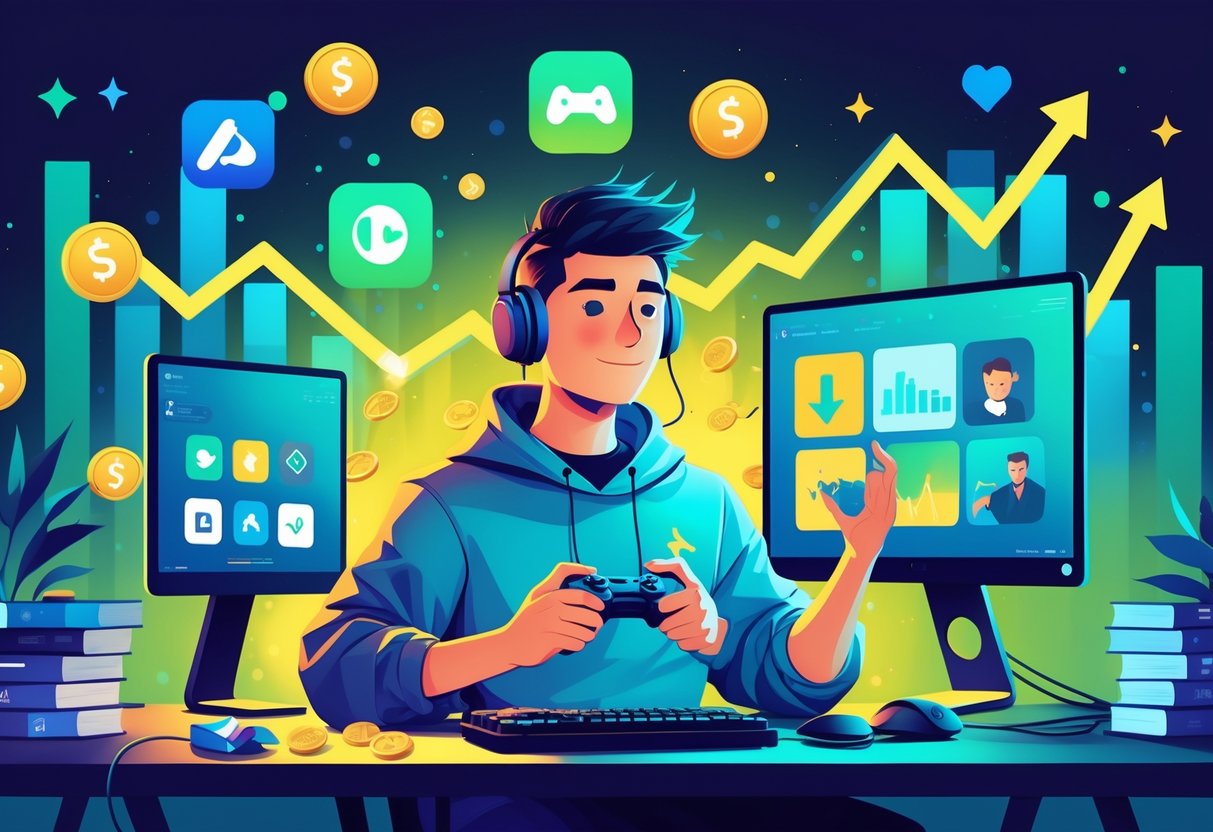 Pessoa jogando videogame em um ambiente moderno com telas e ícones de plataformas de jogos ao redor, com símbolos de dinheiro e gráficos mostrando crescimento no fundo.