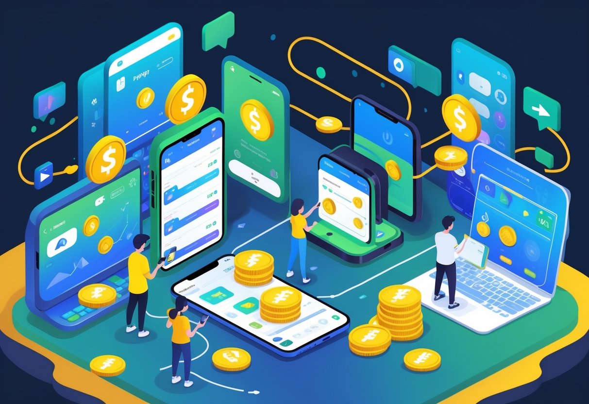 Jogadores diversos usando smartphones, tablets e computadores para jogar, com ícones de moedas e carteiras digitais flutuando ao redor, representando plataformas que pagam para jogar.