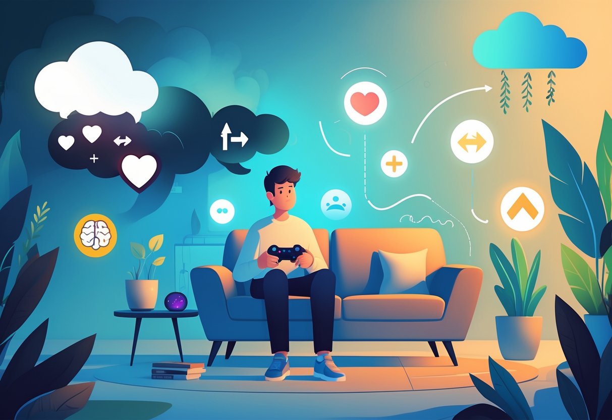 Pessoa jovem sentada em uma sala moderna segurando um controle de videogame, com símbolos de saúde mental flutuando ao redor, mostrando elementos que representam tanto o estresse quanto o bem-estar.