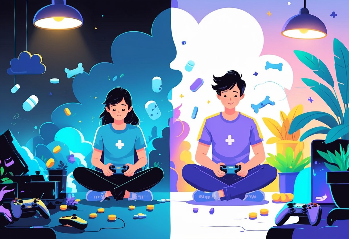 Pessoa sentada em um ambiente dividido ao meio, com um lado escuro e estressante e o outro claro e calmo, representando os efeitos negativos e positivos dos jogos na saúde mental.