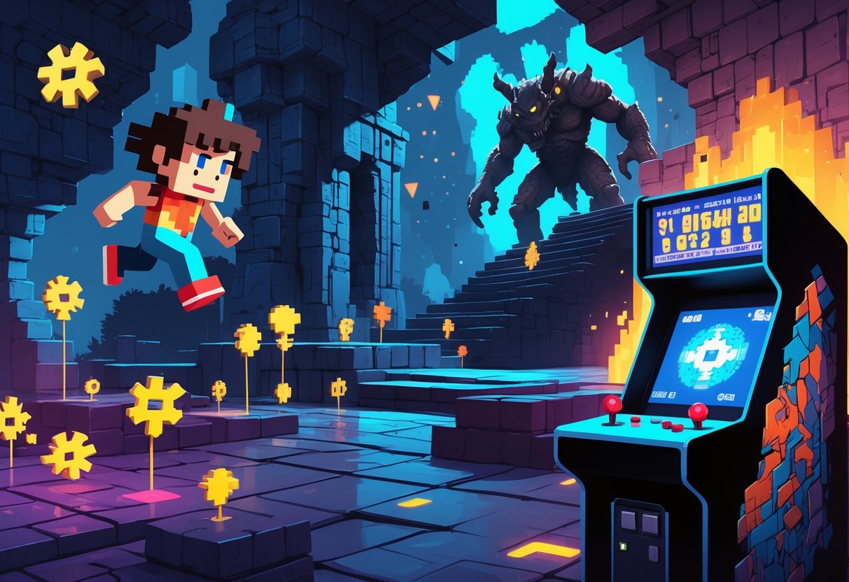 Cena mostrando elementos de jogos difíceis, como um personagem pulando sobre espinhos, um chefe ameaçador em uma masmorra, um quebra-cabeça complexo e um fliperama clássico, todos combinados em um cenário de fantasia e ficção científica.
