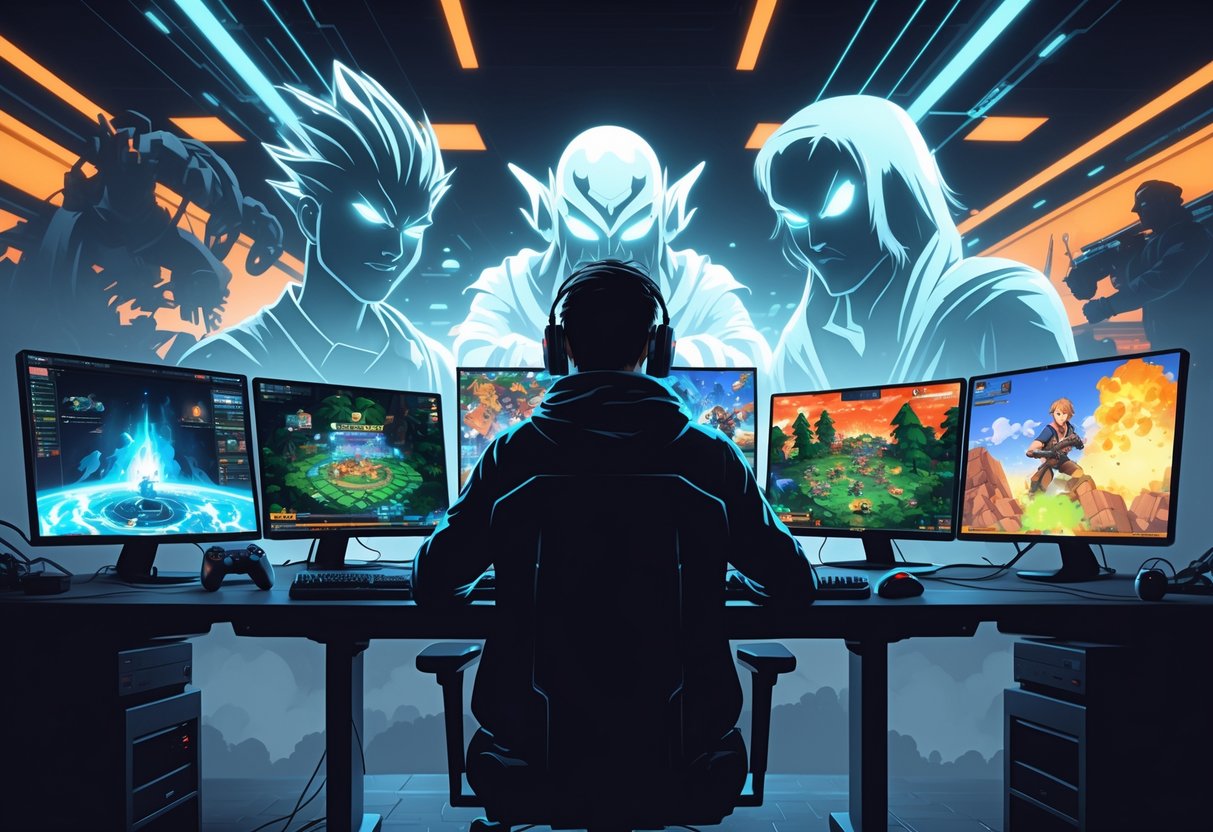 Um jogador concentrado diante de vários monitores mostrando cenas desafiadoras de jogos difíceis, com personagens e elementos de jogos famosos ao redor.
