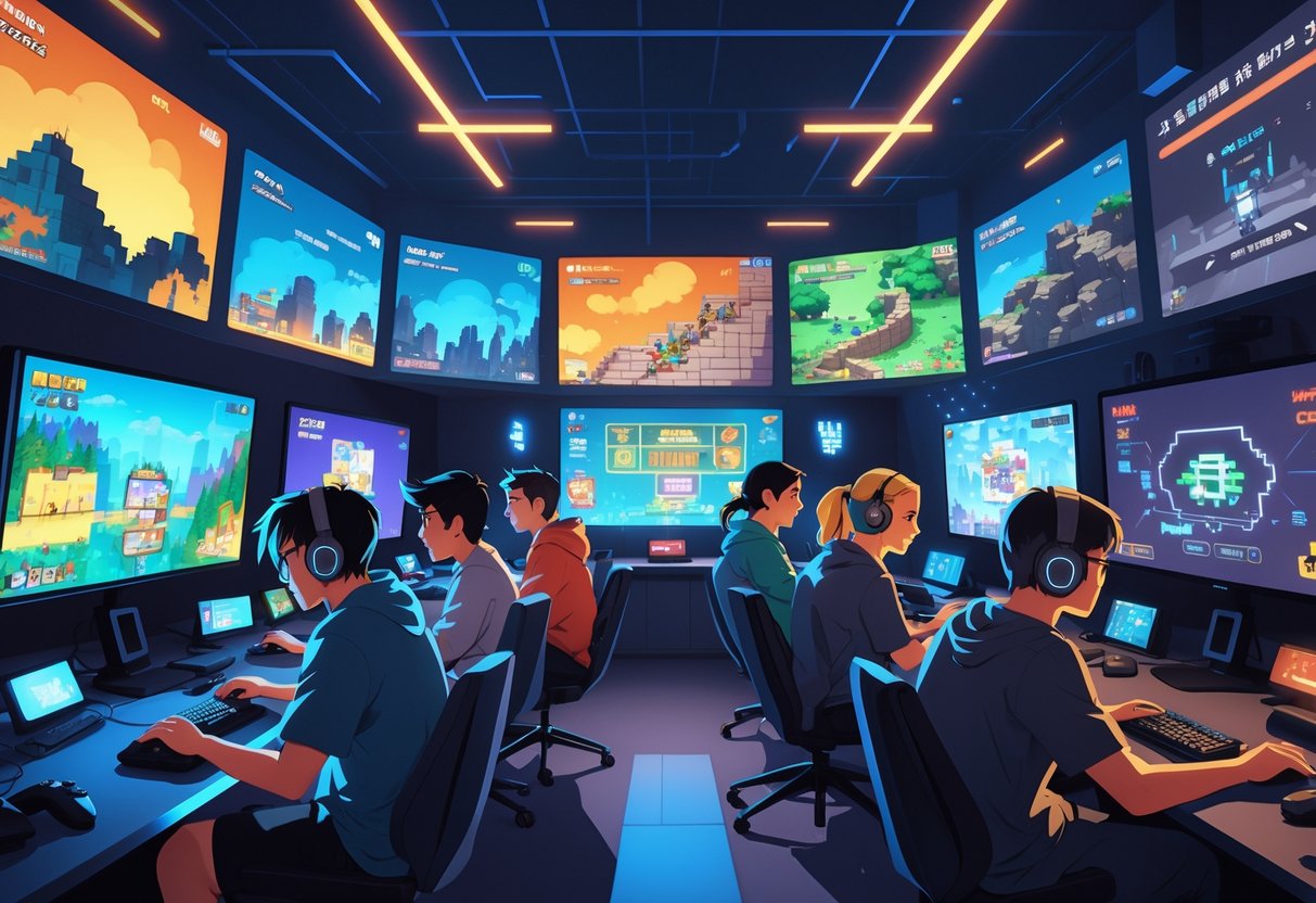 Grupo de jogadores concentrados jogando videogames desafiadores em uma sala moderna, mostrando expressões de foco e emoção.