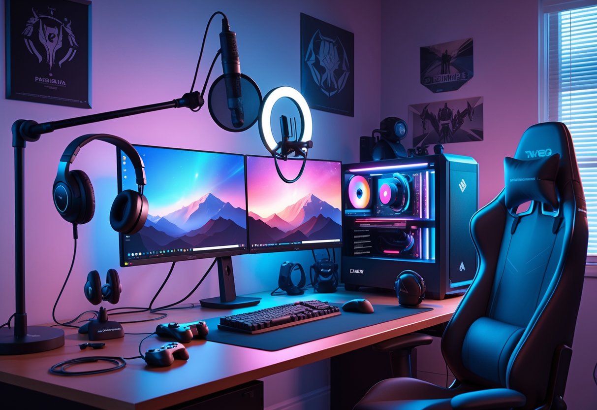 Cena de um setup de jogos com computador, microfone, headset, webcam, dois monitores e cadeira, em um ambiente organizado para gravação de gameplay.