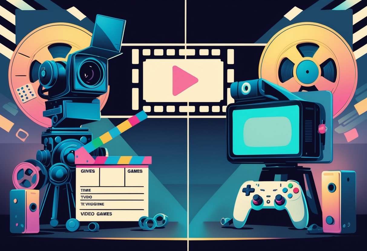 Ilustração mostrando uma câmera de cinema e um controle de videogame lado a lado, com elementos que representam filmes e jogos se conectando no centro.