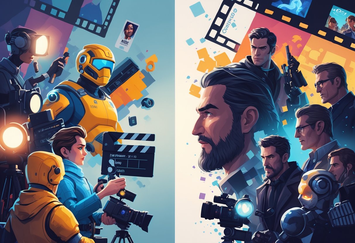 Cena dividida mostrando personagens de videogames de um lado e personagens de filmes do outro, representando adaptações bem-sucedidas e fracassadas entre jogos e filmes.