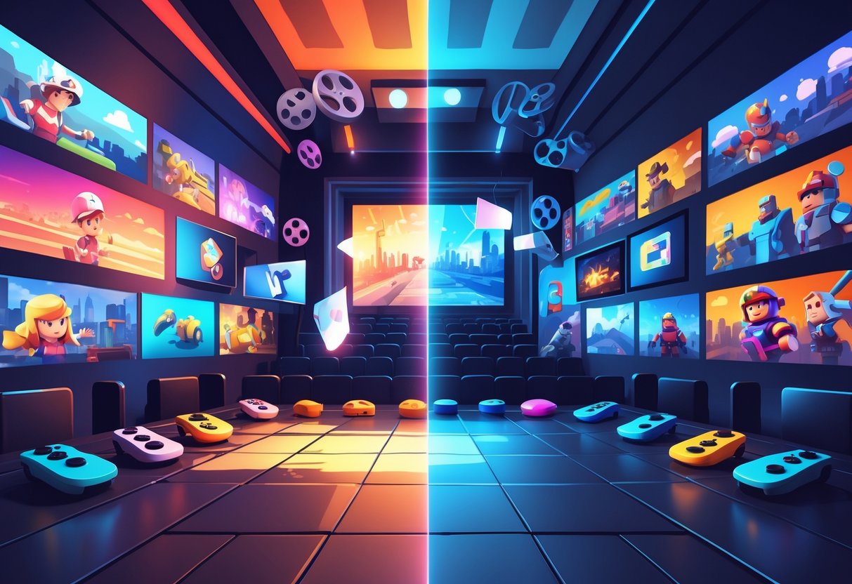 Cena mostrando personagens e elementos de videogames se transformando em cenas de filmes, com partes bem feitas e outras quebradas, representando acertos e desastres nas adaptações entre jogos e filmes.