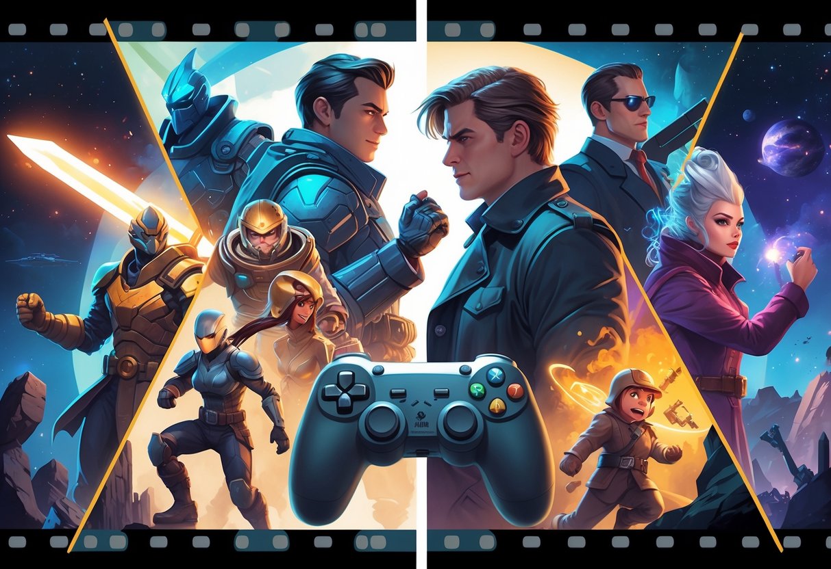 Colagem mostrando personagens famosos de jogos e filmes, com um controle de videogame e um rolo de filme entre eles, simbolizando adaptações entre jogos e cinema.