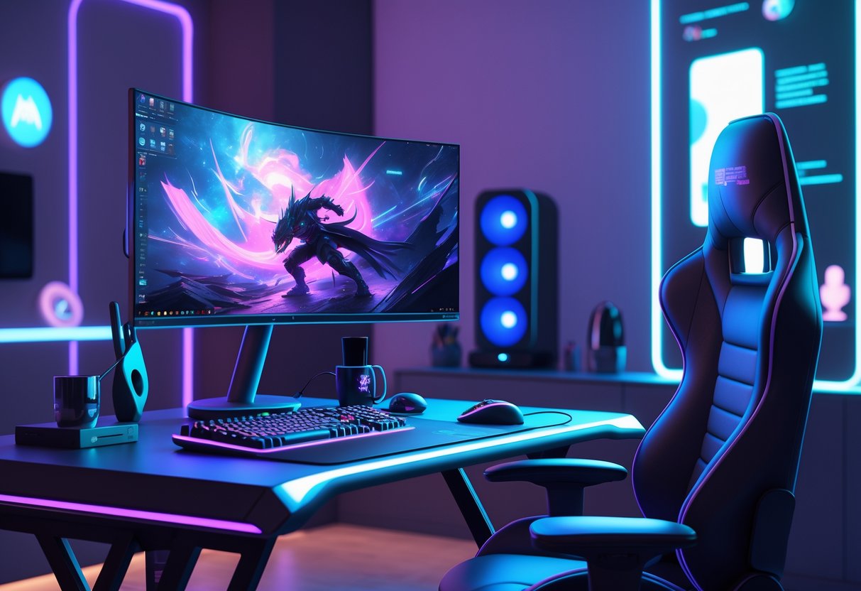 Uma mesa moderna com computador gamer, teclado iluminado e cadeira ergonômica em um ambiente com luzes azuis e roxas.