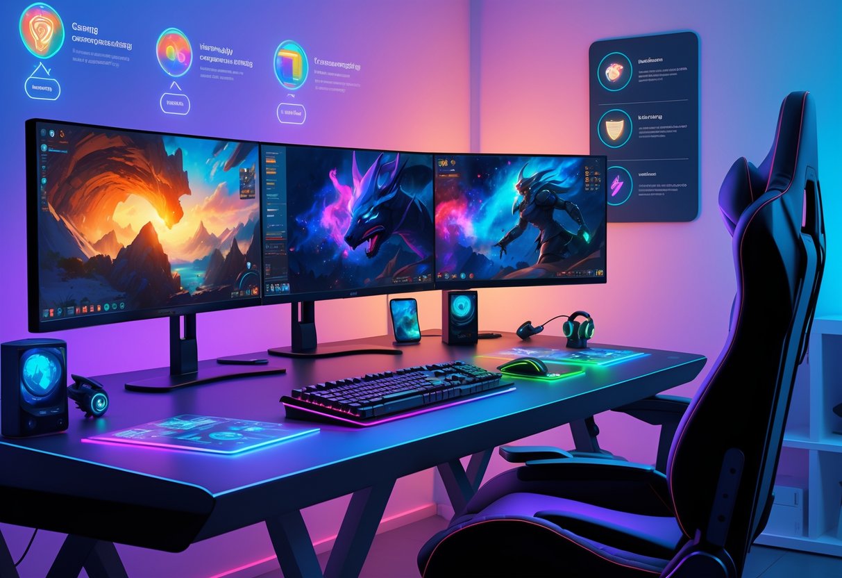 Um setup gamer moderno em um quarto organizado com vários monitores, teclado com luzes coloridas, mouse, cadeira ergonômica e elementos que representam fatores para considerar antes de investir.
