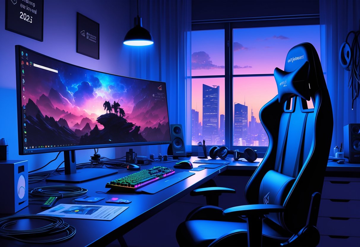 Um quarto de jogos moderno com equipamentos de alta tecnologia, cabos emaranhados, caixas espalhadas e um relógio mostrando horas avançadas, ilustrando os desafios e desvantagens de montar um setup gamer.
