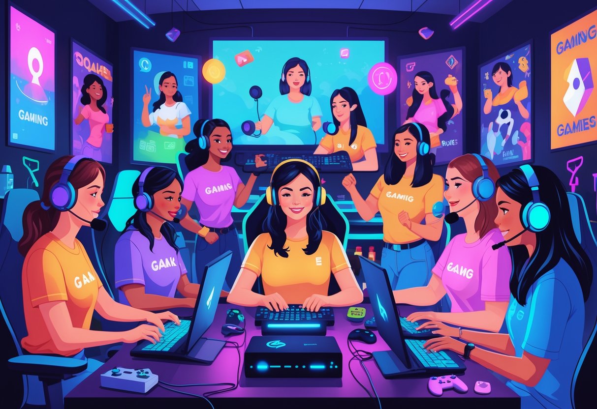 Mulheres diversas jogando videogames em um ambiente moderno e vibrante, mostrando inclusão e representatividade no mundo gamer.