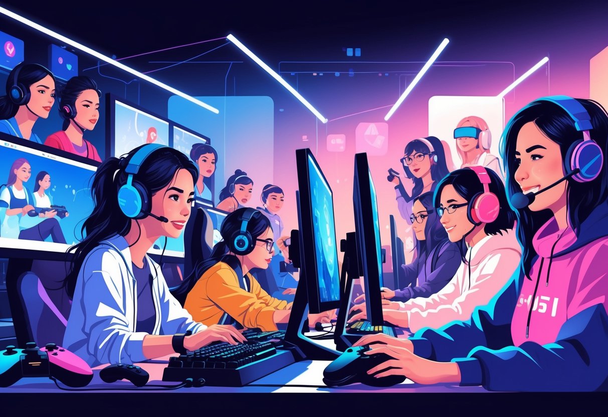 Grupo diverso de mulheres jogando videogame em diferentes ambientes, mostrando representatividade feminina no mundo gamer.