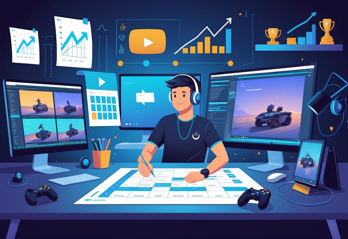 Pessoa organizando planejamento para canal de gameplay em uma mesa com vários monitores mostrando jogos e edição de vídeo, com acessórios de jogos ao redor e gráficos de crescimento ao fundo.