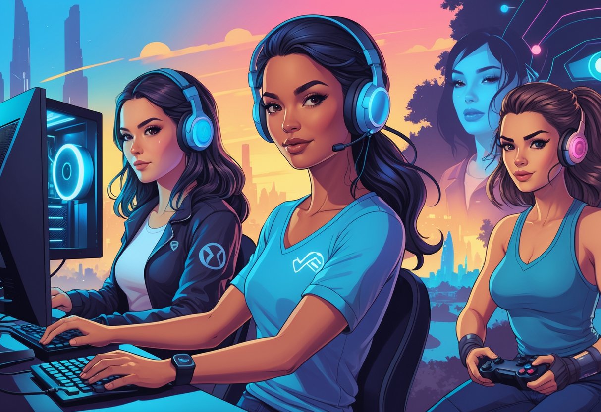 Mulheres diversas jogando videogames em diferentes ambientes que representam vários gêneros de jogos digitais.