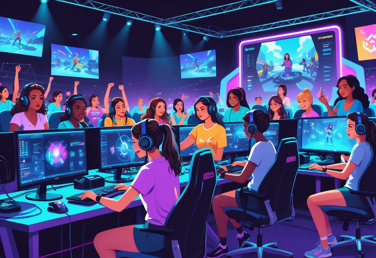 Mulheres diversas participando ativamente do mundo gamer, jogando e colaborando em um ambiente moderno de jogos eletrônicos.