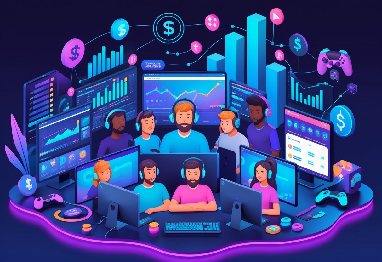 Grupo de streamers em um ambiente moderno de transmissão, com computadores, microfones e elementos que representam crescimento e inovação na indústria dos jogos.