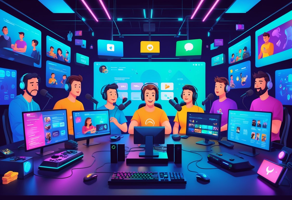 Vários streamers jogando e interagindo com seus espectadores em um ambiente moderno com equipamentos de streaming, com elementos que representam a indústria dos jogos ao fundo.