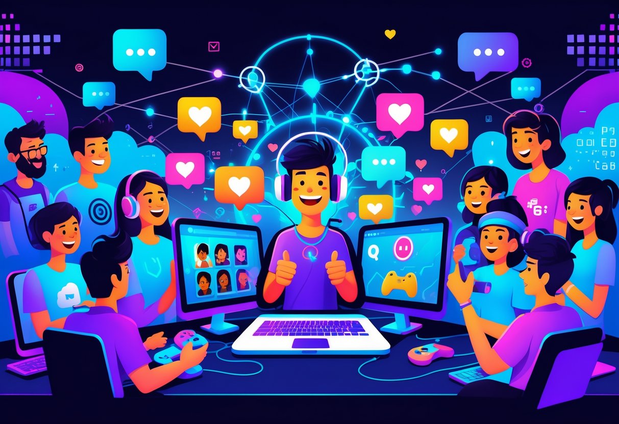 Grupo diversificado de gamers e streamers interagindo em um ambiente digital com ícones de chat, corações e controles de videogame, mostrando a conexão entre fãs e streamers na indústria dos jogos.