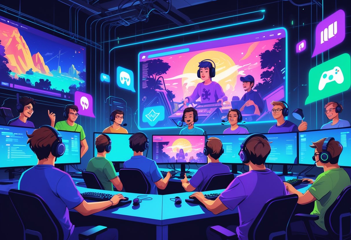 Grupo de streamers jogando e transmitindo ao vivo em um estúdio moderno com vários equipamentos, rodeados por ícones que representam jogos e interação com o público.
