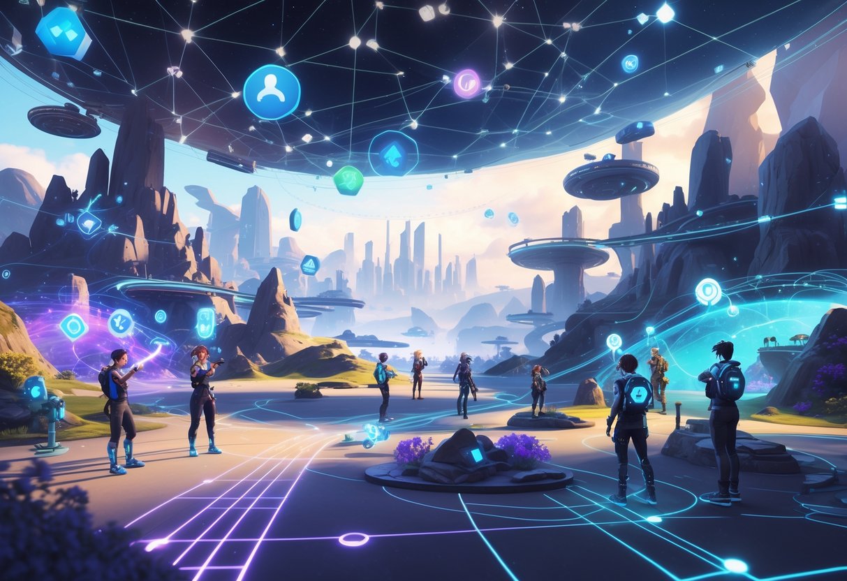 Jogadores usando equipamentos de realidade virtual interagindo em mundos digitais conectados, com paisagens futuristas e elementos tecnológicos ao redor.