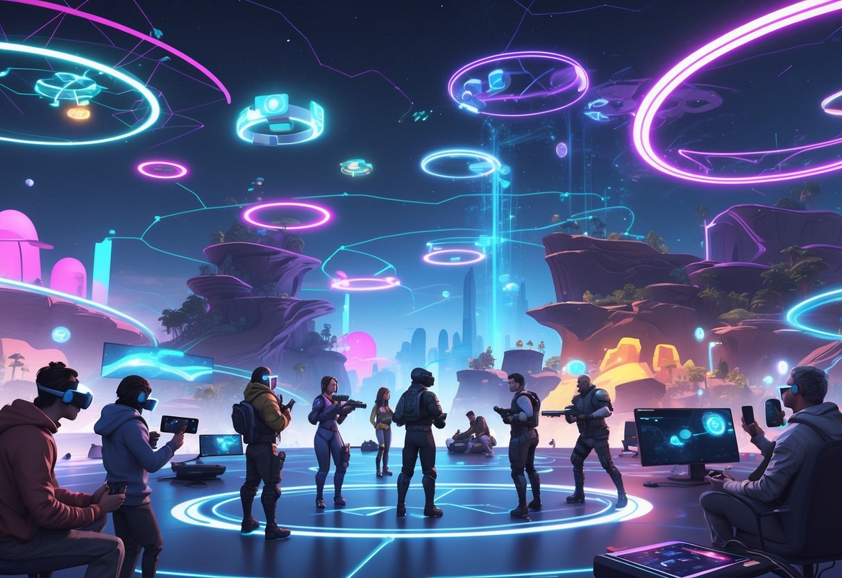 Jogadores usando óculos de realidade virtual interagindo em um ambiente digital futurista com mundos conectados e avatares de diferentes estilos de jogos.