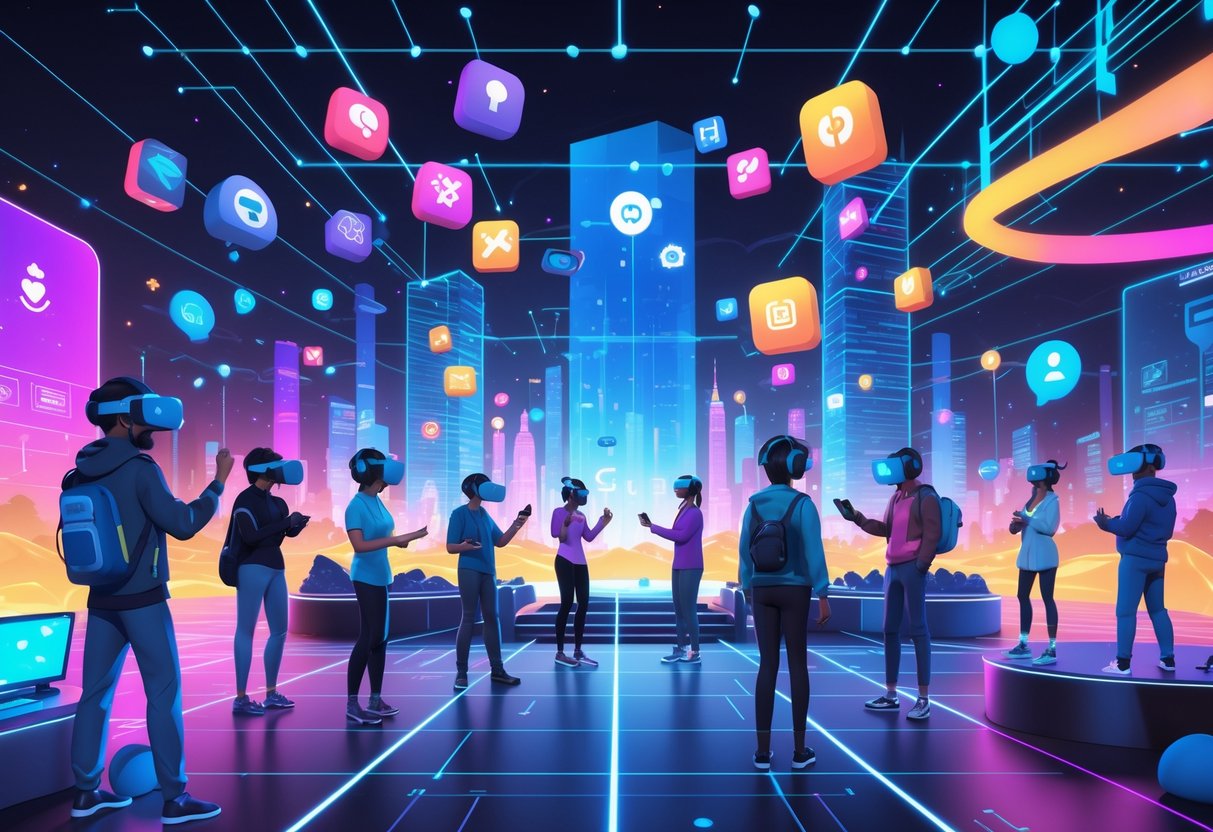 Jogadores usando óculos de realidade virtual interagindo em um ambiente digital futurista com avatares e elementos de jogos ao redor.