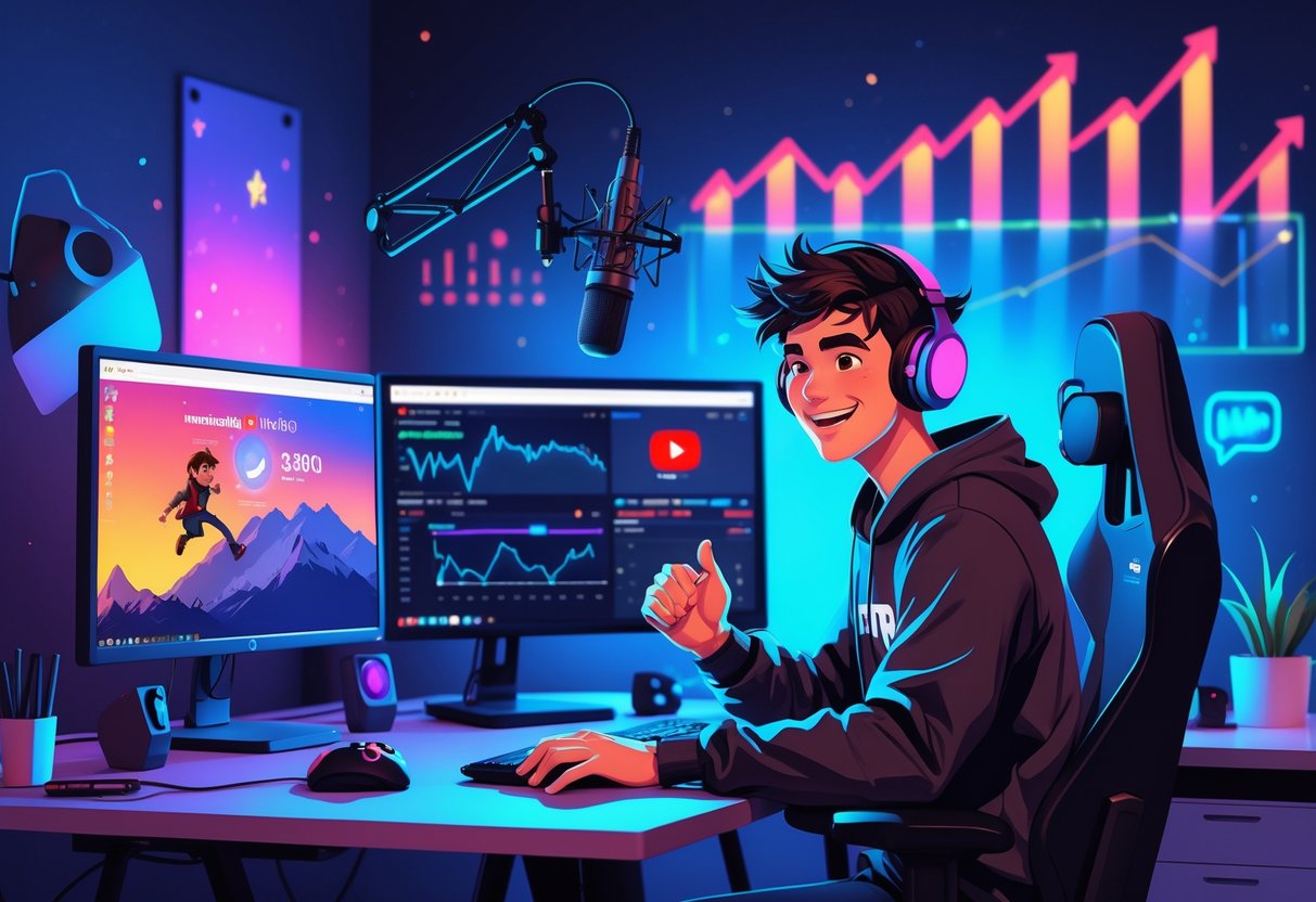 Pessoa em um estúdio de jogos com microfone, headset e computador com dois monitores, um mostrando um jogo e o outro dados do YouTube, em um ambiente iluminado por luzes coloridas.