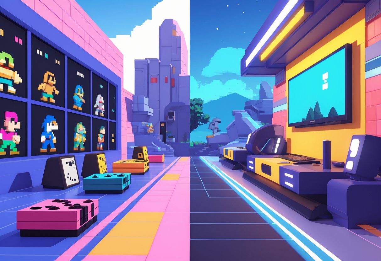 Ilustração mostrando a evolução dos gráficos nos jogos, do estilo pixelado dos 8 bits à aparência realista moderna, com personagens e cenários que mudam gradualmente de simples para detalhados.