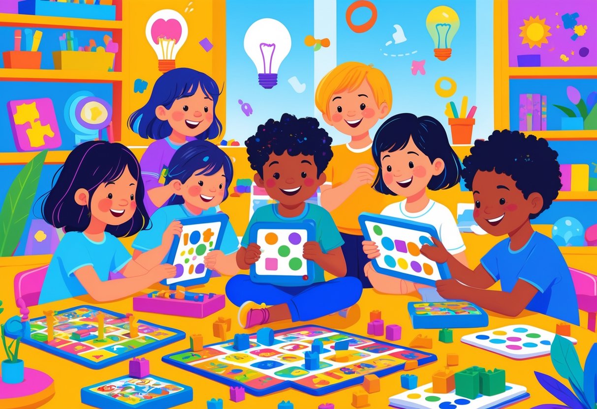 Crianças diversas brincando juntas com jogos de tabuleiro, blocos de montar e tablets em uma sala de brinquedos colorida e alegre.