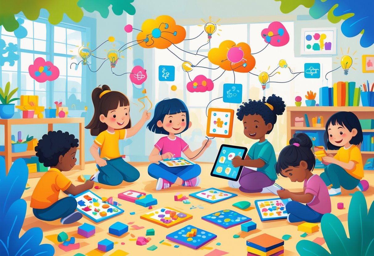 Crianças brincando e criando em um ambiente colorido com blocos, pinturas e jogos, mostrando o desenvolvimento da criatividade.